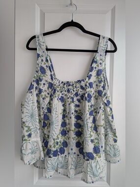 Anthropologie White Floral Tank with Blue & Green Print